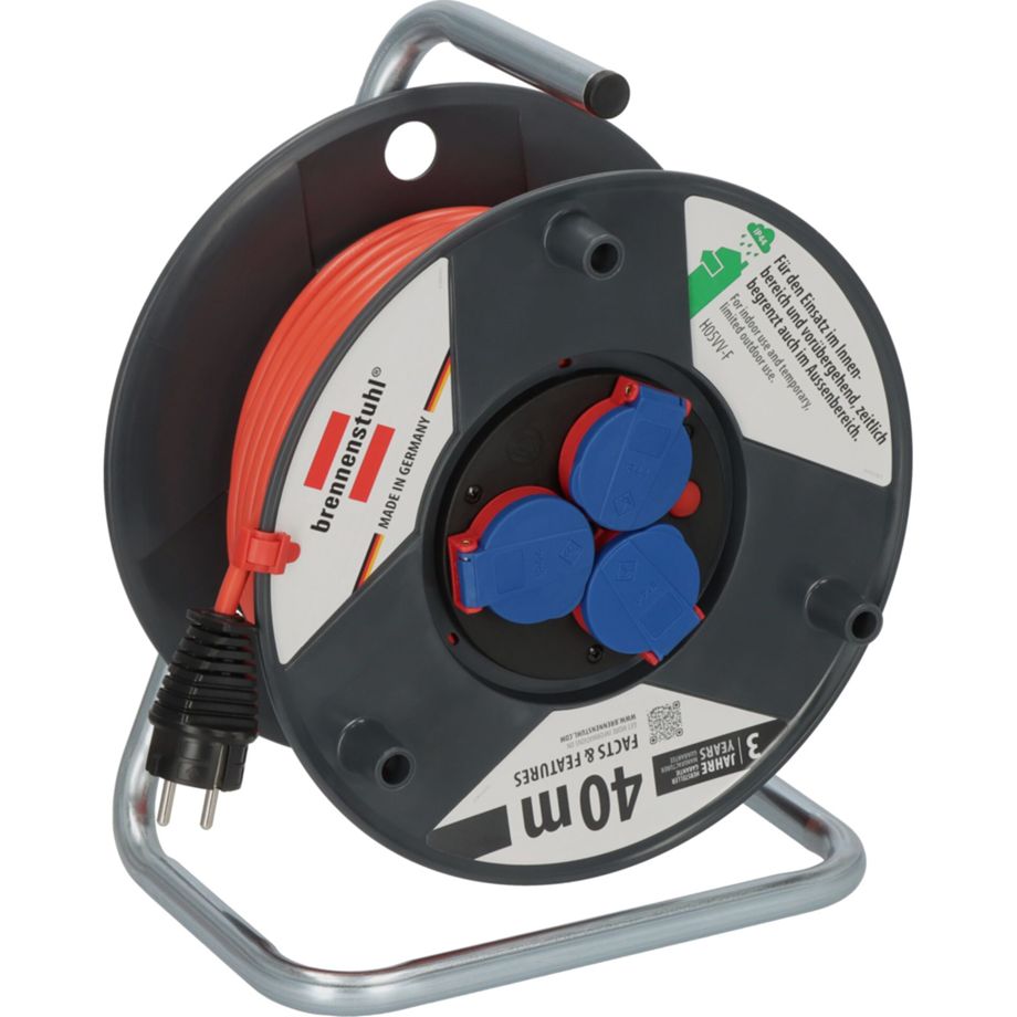 Brennenstuhl Kabeltrommel Garant 290 – 40m H05VV-F 3G1,5 mit 3 Steckdosen, Innenbereich, robust und sicher