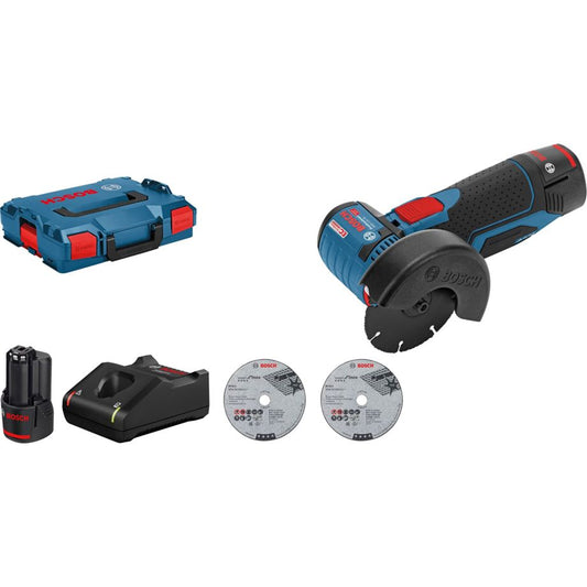 Bosch GWS 12V-76 Akku-Winkelschleifer mit 76 mm Scheibe und 2x GBA 12V 3.0 Akkus.