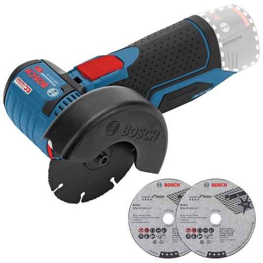Bosch GWS 12V-76 Akku-Winkelschleifer mit 76 mm Scheibe und bürstenlosem Motor.