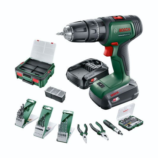 Bosch UniversalImpact 18V Akku-Schlagbohrmaschine mit 2-Gang-Getriebe und 20 Drehmomentstufen – ideal für Heimwerkerprojekte.