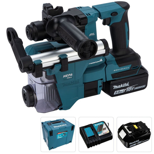 Makita DHR183RTWJ Akku-Kombihammer 18V SDS-plus mit 5,0 Ah Akku, Ladegerät und Makpac-Koffer, blau-schwarz, kompakte Bauform.