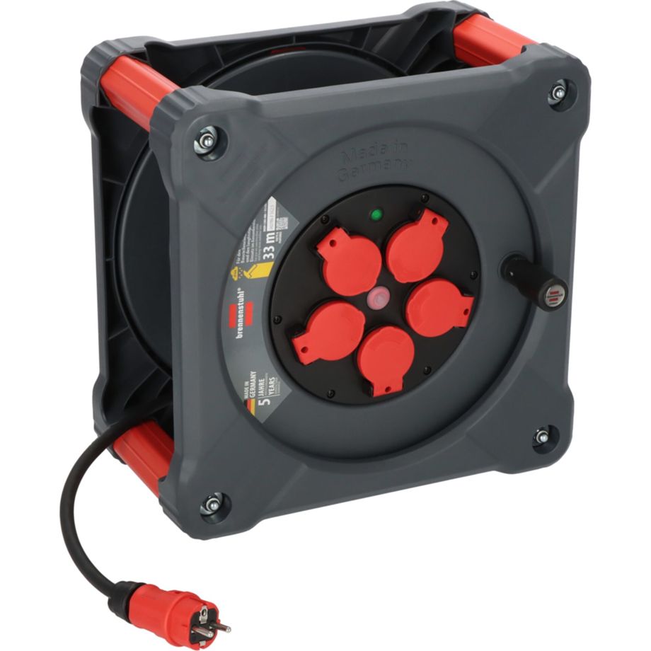 Brennenstuhl Profi Kabeltrommel Cube K 3200 – kompakte 33m Kabeltrommel mit IP44 und 5 Steckdosen
